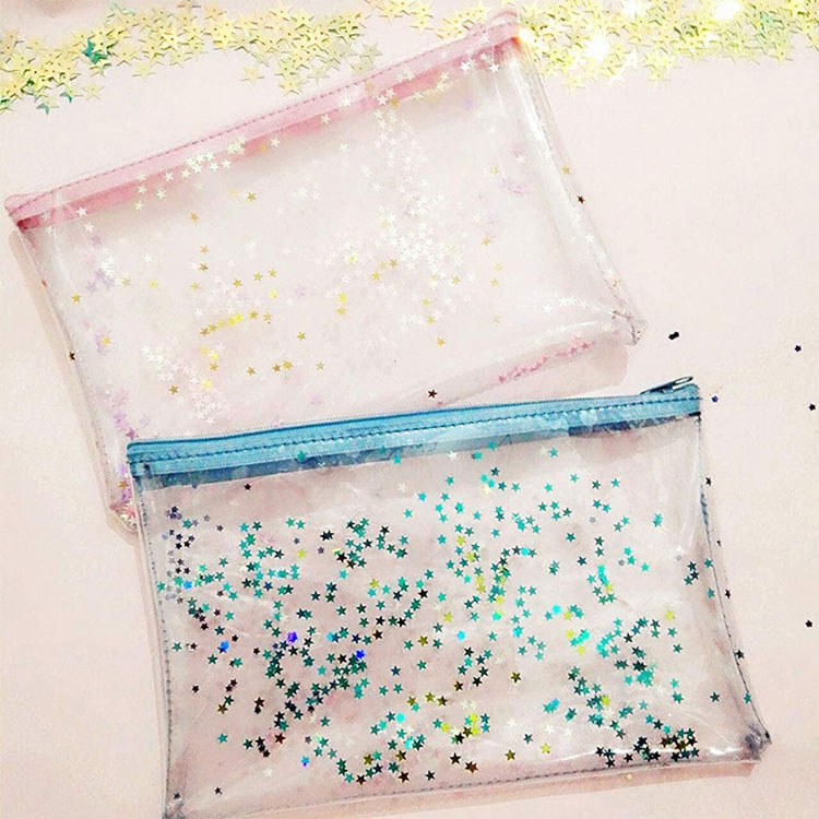 Estuche para lápices transparente de PVC con lentejuelas en el interior
